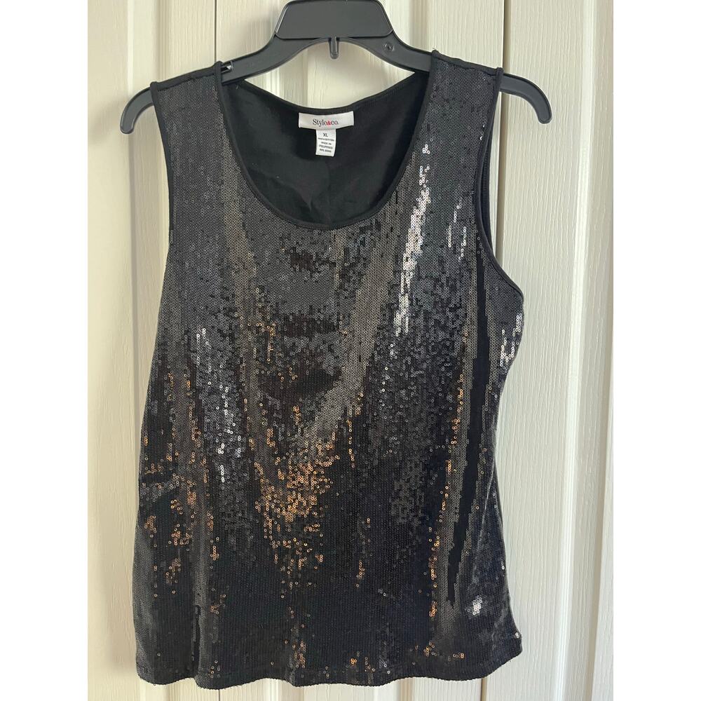 Style and Co. Sequin Tank Top Scoop Neck Sparkles! XLarge Cotton  EUC